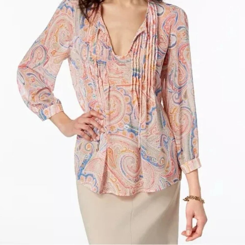 Tommy Hilfiger Colorful Paisley V-Neck Sheer Peasant Blouse with Pleats Size SP - Picture 6 of 7